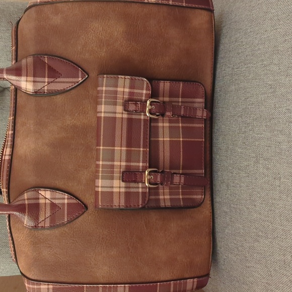 EUC Cato Satchel & wallet in brown w/ maroon, olive & tan plaid accents. - Picture 5 of 7